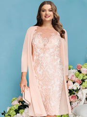 Plus Size Knee-Length Mother of the Bride Dress with Lace Beading Appliques and Long Sleeves