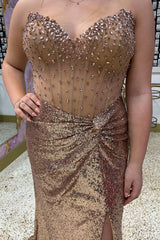 Plus Size Long Prom Dress in Metallic Gold with Corset Sheath and Slit