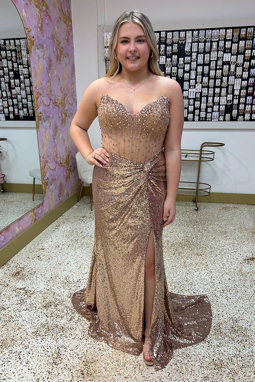 Plus Size Long Prom Dress in Metallic Gold with Corset Sheath and Slit
