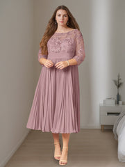 Plus Size Mother of the Bride A-Line Dress with Scoop Neck 3/4 Sleeves and Ruffles