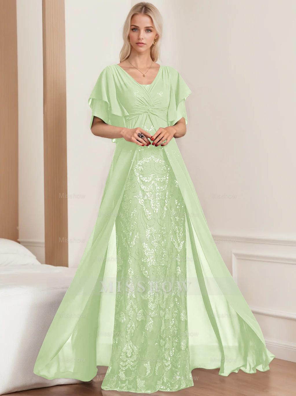 Plus Size Mother of the Bride A-Line Floor-Length Dress with V-Neck and Half Sleeves