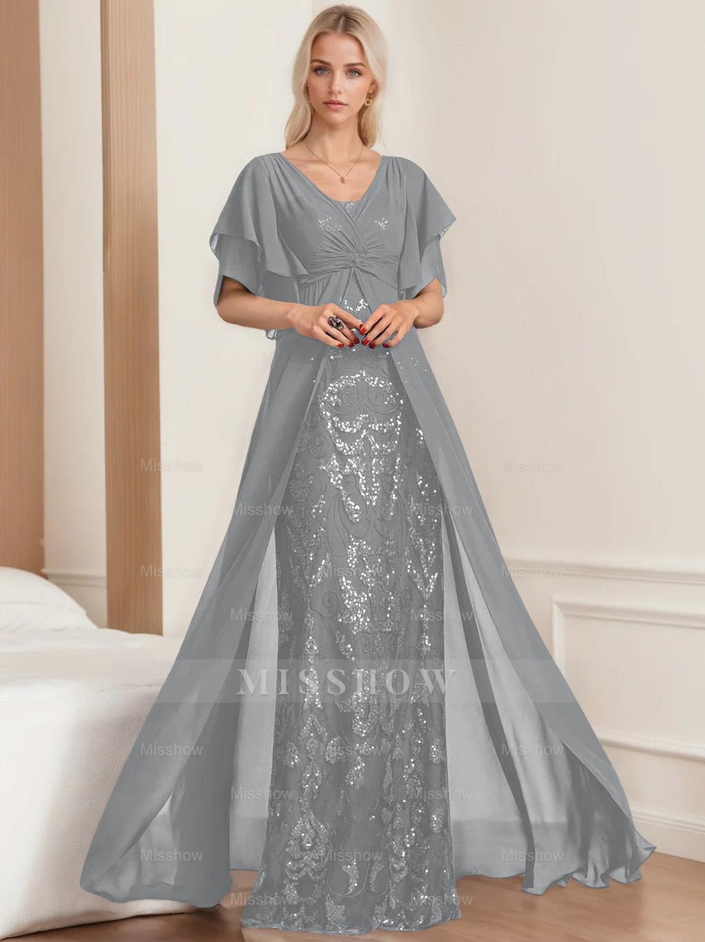 Plus Size Mother of the Bride A-Line Floor-Length Dress with V-Neck and Half Sleeves