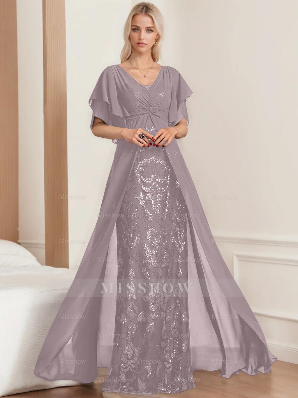 Plus Size Mother of the Bride A-Line Floor-Length Dress with V-Neck and Half Sleeves