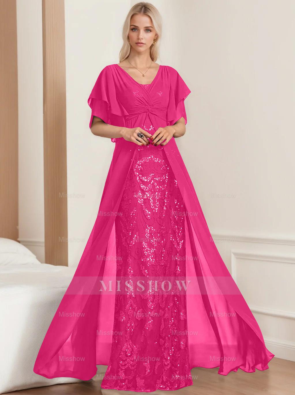 Plus Size Mother of the Bride A-Line Floor-Length Dress with V-Neck and Half Sleeves
