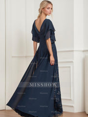 Plus Size Mother of the Bride A-Line Floor-Length Dress with V-Neck and Half Sleeves