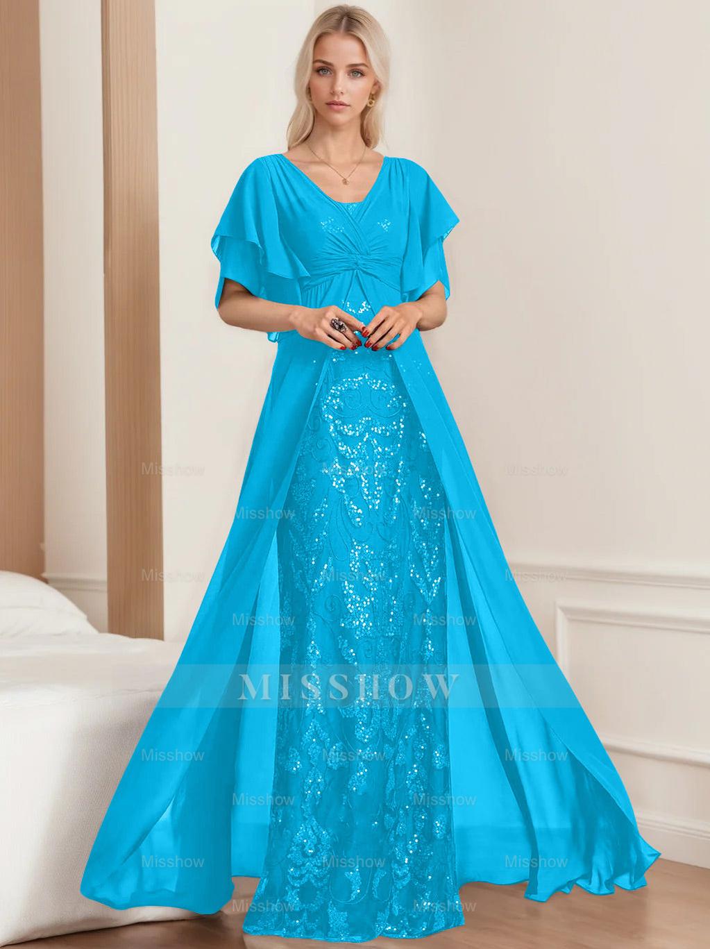 Plus Size Mother of the Bride A-Line Floor-Length Dress with V-Neck and Half Sleeves