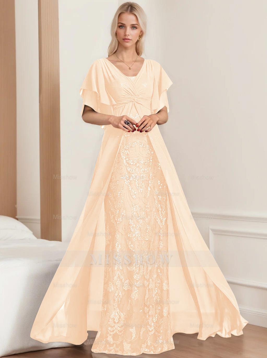 Plus Size Mother of the Bride A-Line Floor-Length Dress with V-Neck and Half Sleeves