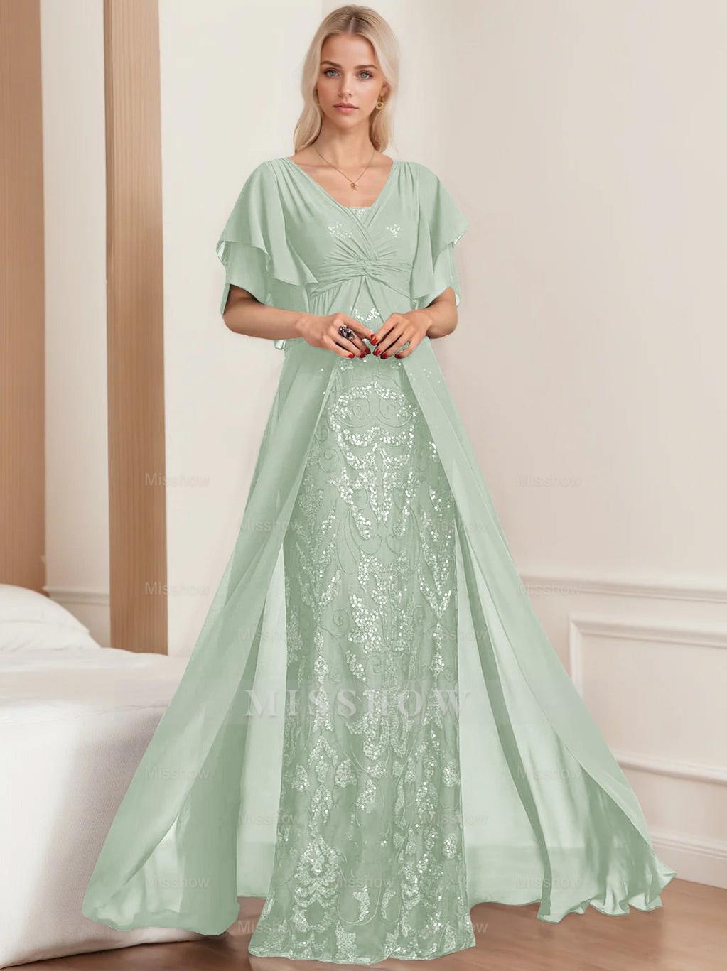 Plus Size Mother of the Bride A-Line Floor-Length Dress with V-Neck and Half Sleeves