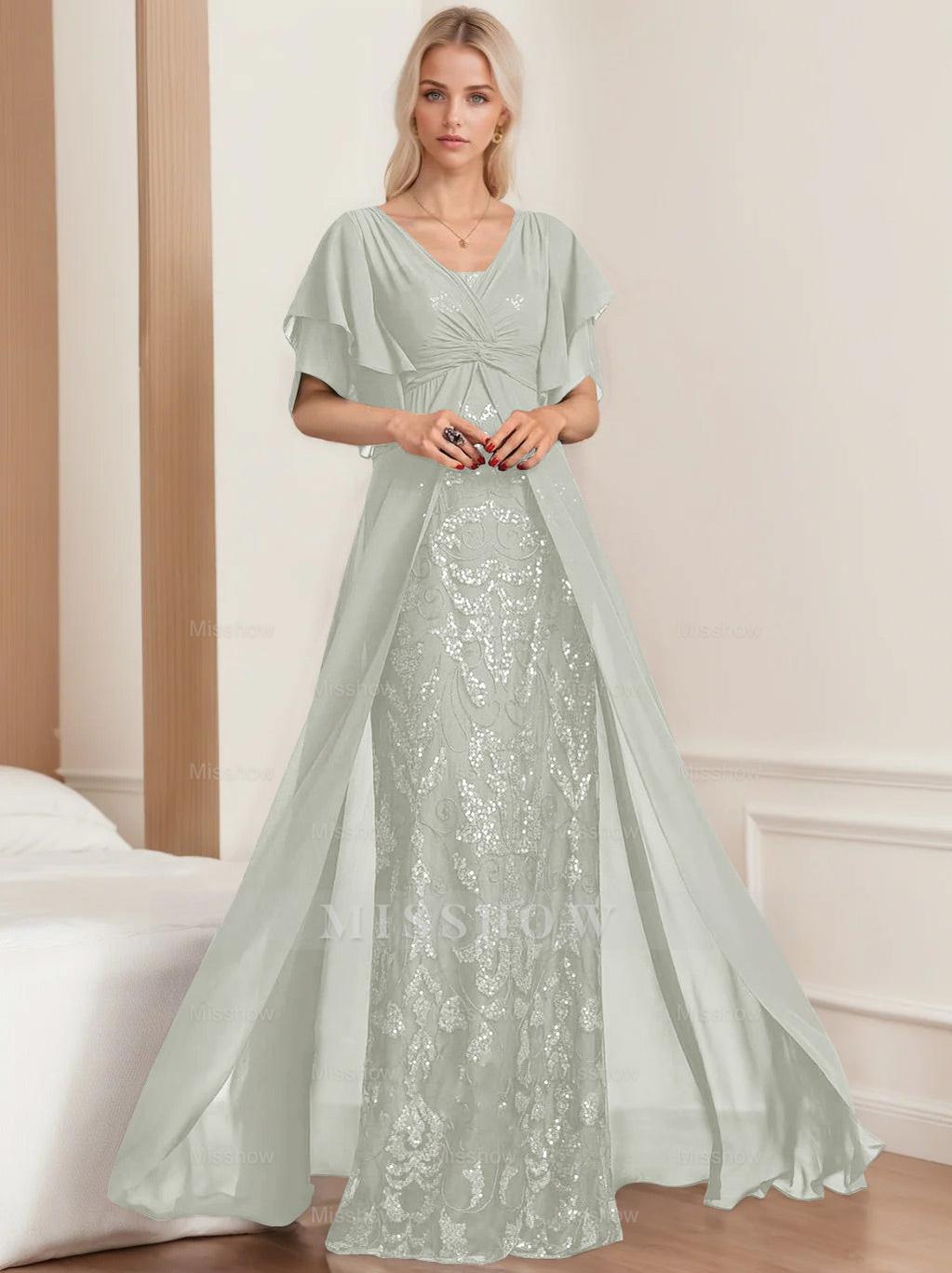 Plus Size Mother of the Bride A-Line Floor-Length Dress with V-Neck and Half Sleeves
