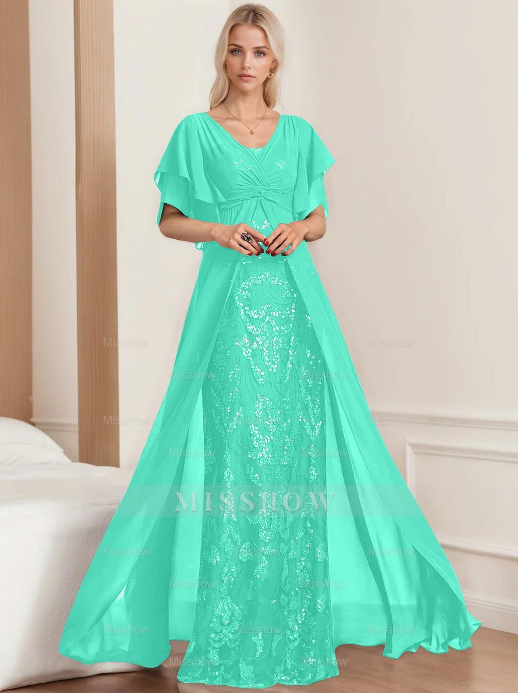 Plus Size Mother of the Bride A-Line Floor-Length Dress with V-Neck and Half Sleeves