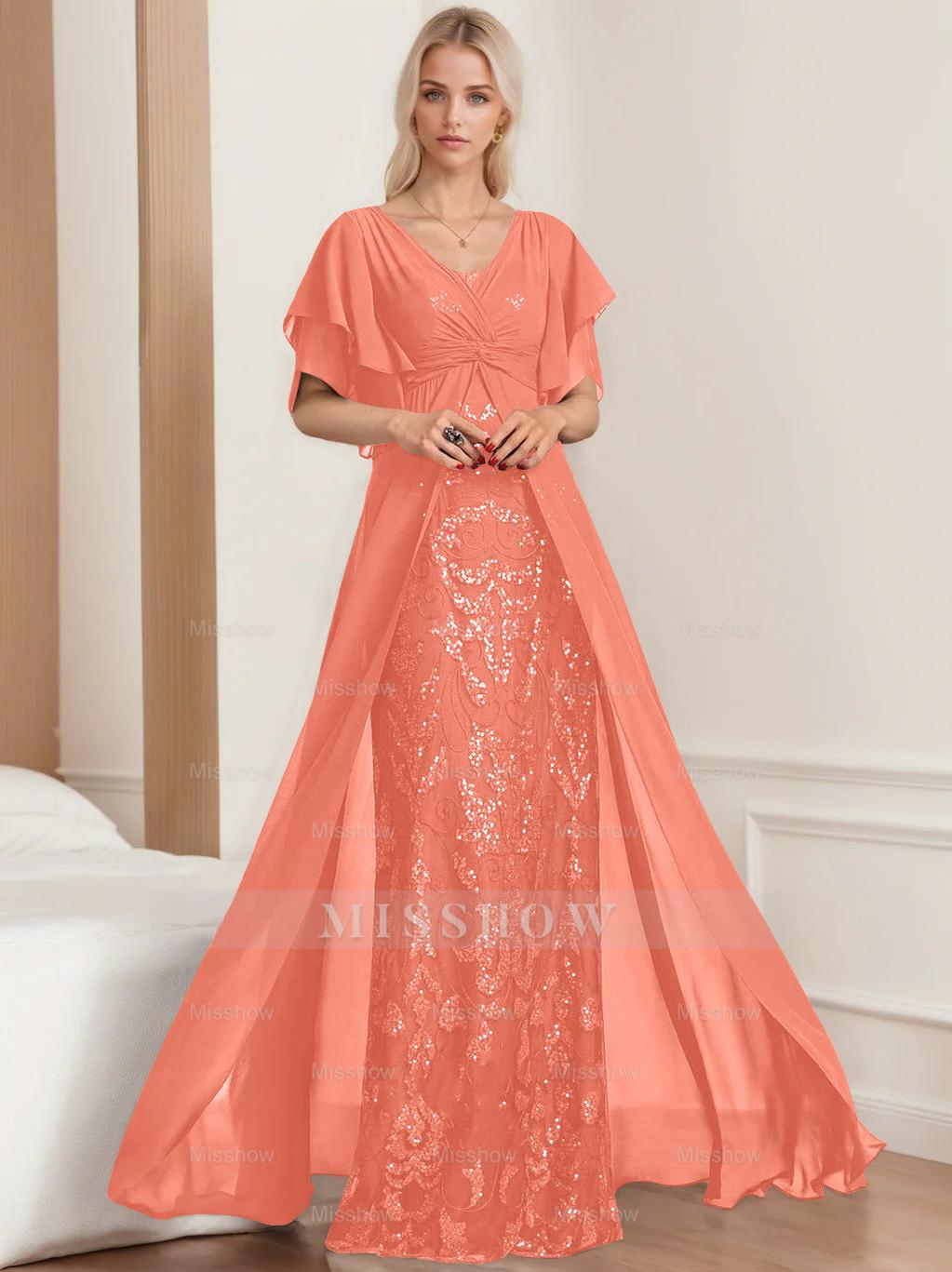 Plus Size Mother of the Bride A-Line Floor-Length Dress with V-Neck and Half Sleeves
