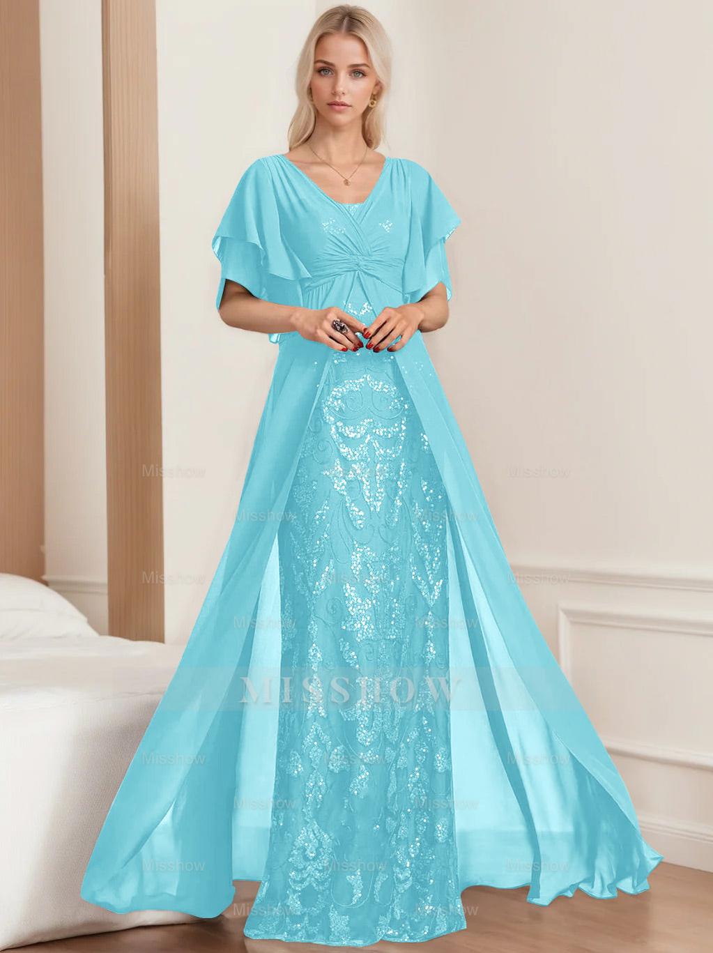 Plus Size Mother of the Bride A-Line Floor-Length Dress with V-Neck and Half Sleeves