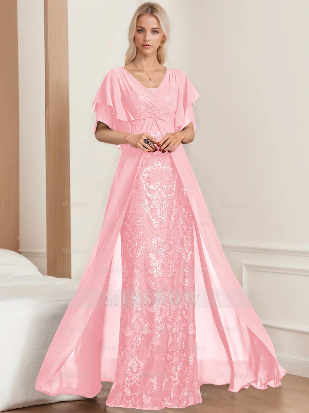 Plus Size Mother of the Bride A-Line Floor-Length Dress with V-Neck and Half Sleeves