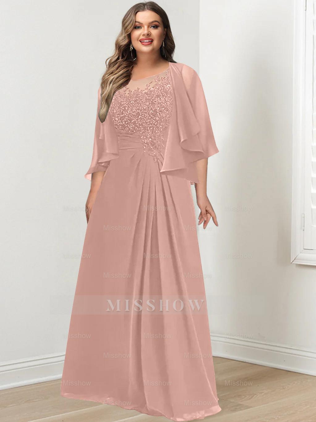 Plus Size Mother of the Bride A-Line Princess Scoop Floor-Length Dress with Pleated & Sequins
