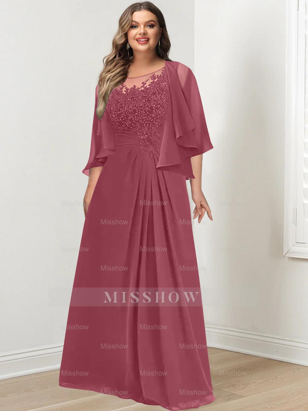 Plus Size Mother of the Bride A-Line Princess Scoop Floor-Length Dress with Pleated & Sequins
