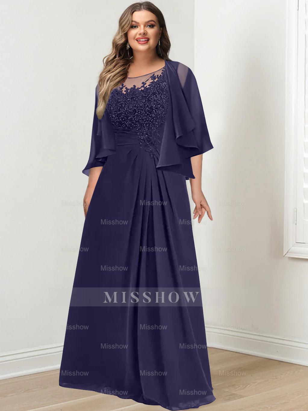 Plus Size Mother of the Bride A-Line Princess Scoop Floor-Length Dress with Pleated & Sequins