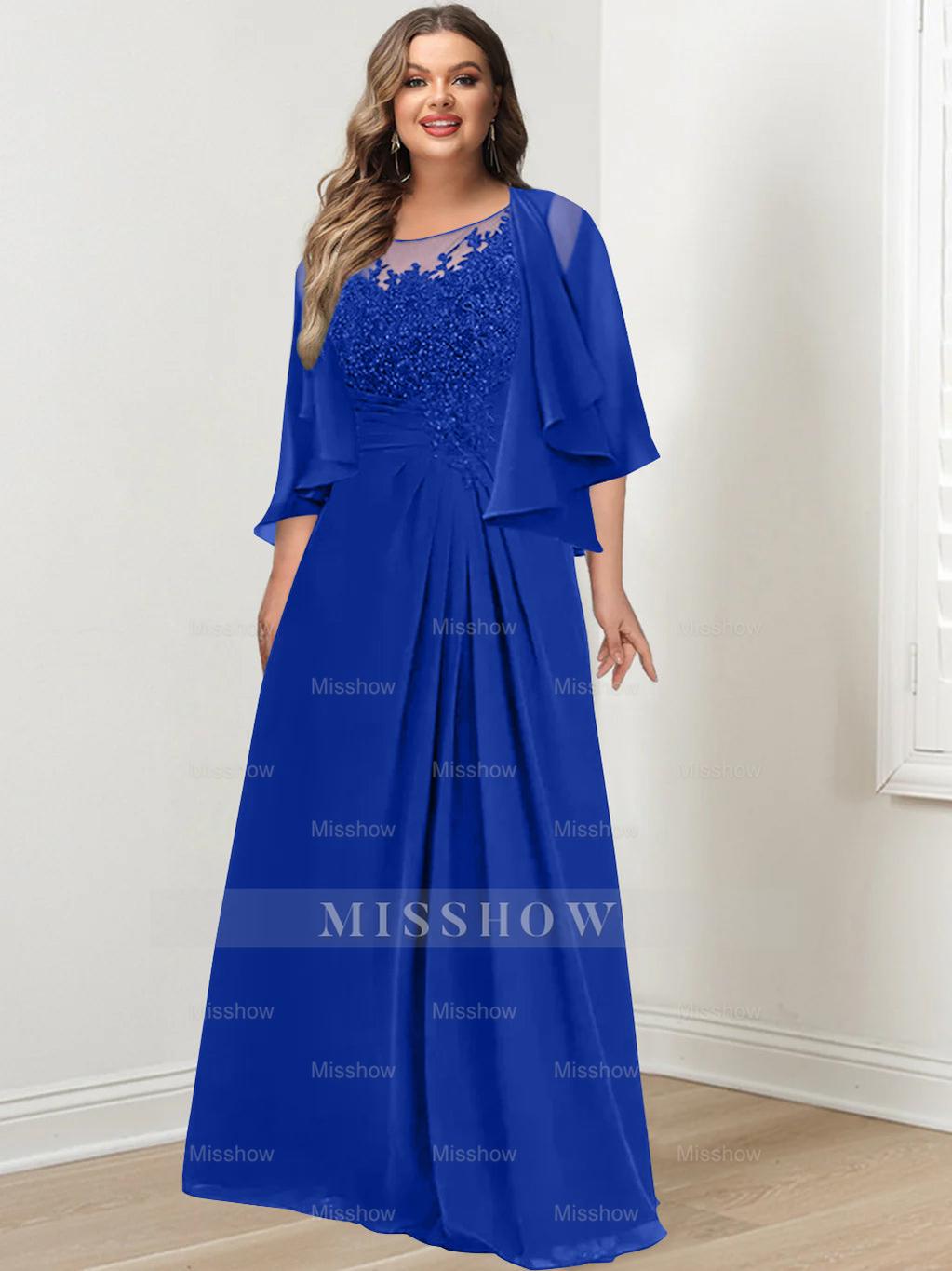 Plus Size Mother of the Bride A-Line Princess Scoop Floor-Length Dress with Pleated & Sequins