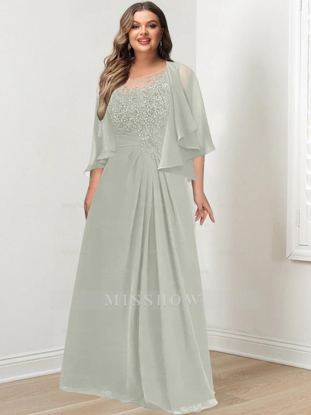 Plus Size Mother of the Bride A-Line Princess Scoop Floor-Length Dress with Pleated & Sequins
