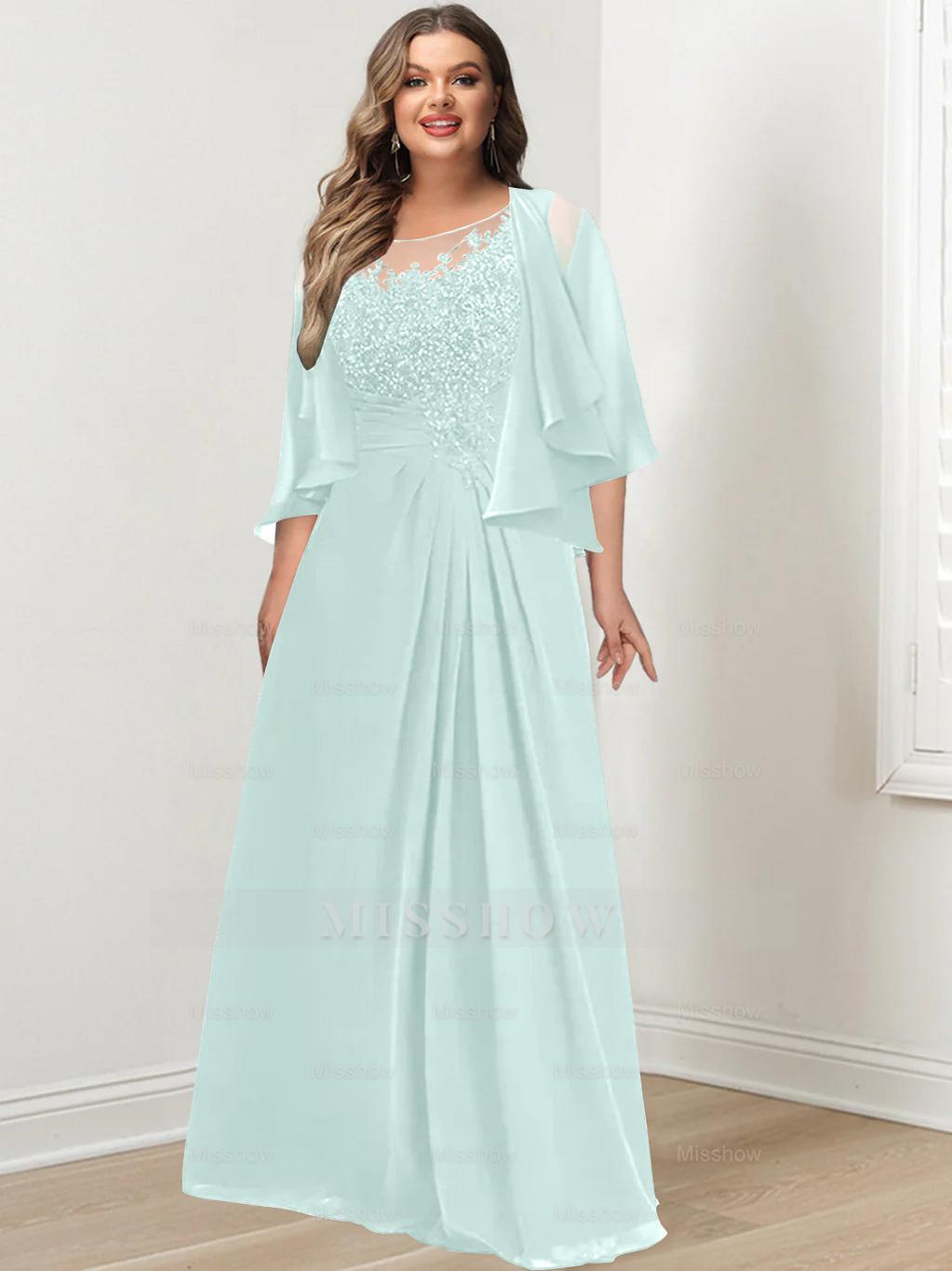 Plus Size Mother of the Bride A-Line Princess Scoop Floor-Length Dress with Pleated & Sequins