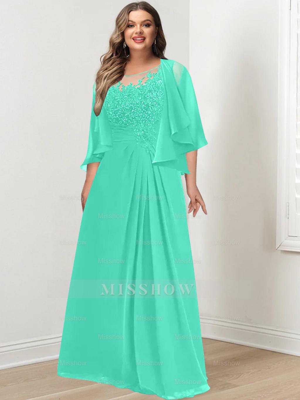 Plus Size Mother of the Bride A-Line Princess Scoop Floor-Length Dress with Pleated & Sequins