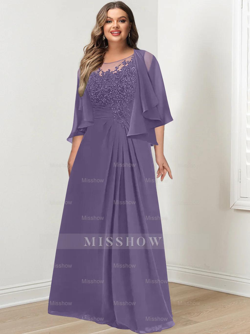 Plus Size Mother of the Bride A-Line Princess Scoop Floor-Length Dress with Pleated & Sequins