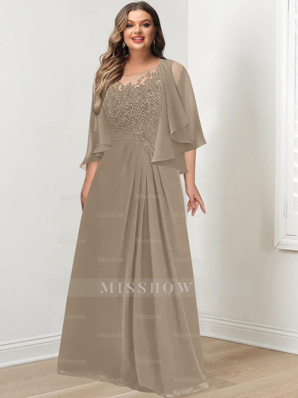 Plus Size Mother of the Bride A-Line Princess Scoop Floor-Length Dress with Pleated & Sequins