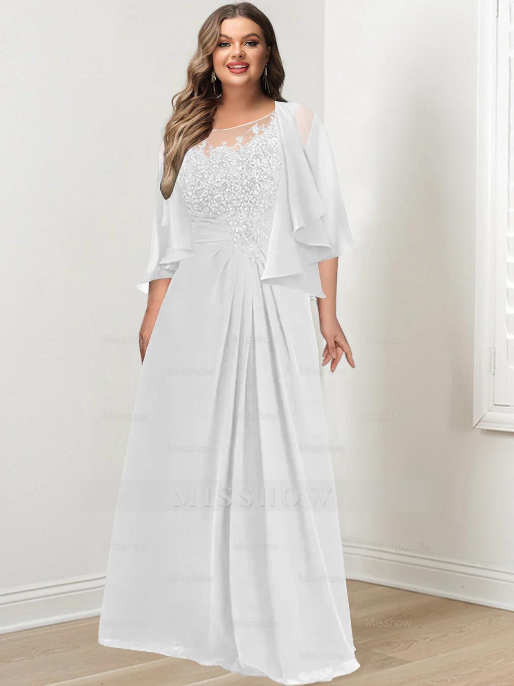 Plus Size Mother of the Bride A-Line Princess Scoop Floor-Length Dress with Pleated & Sequins