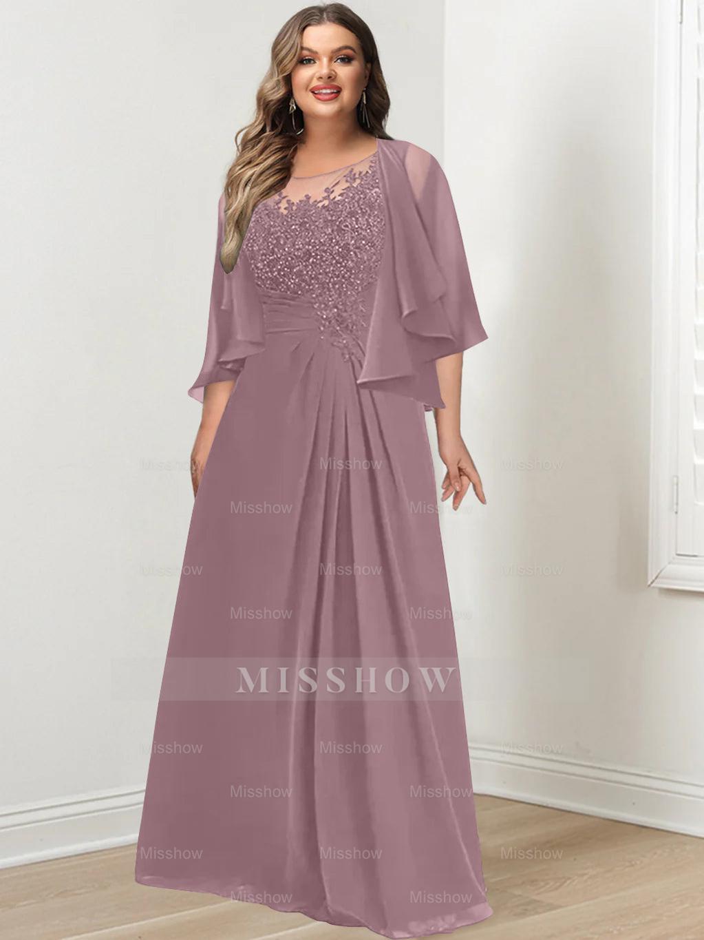 Plus Size Mother of the Bride A-Line Princess Scoop Floor-Length Dress with Pleated & Sequins
