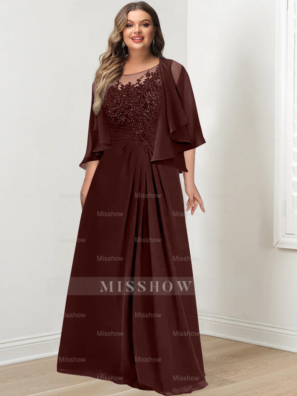 Plus Size Mother of the Bride A-Line Princess Scoop Floor-Length Dress with Pleated & Sequins