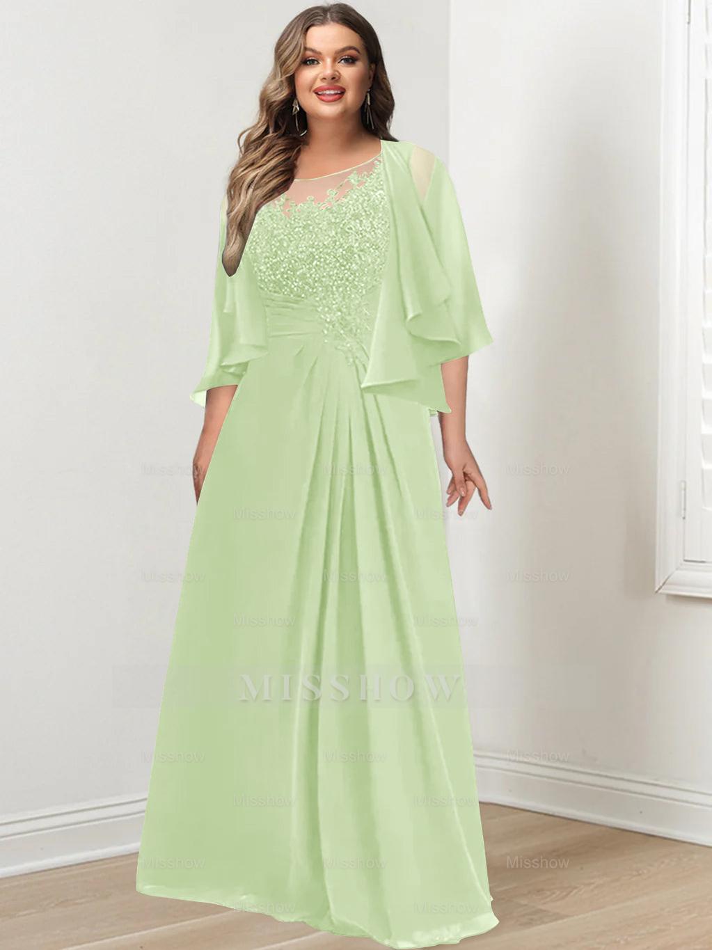 Plus Size Mother of the Bride A-Line Princess Scoop Floor-Length Dress with Pleated & Sequins