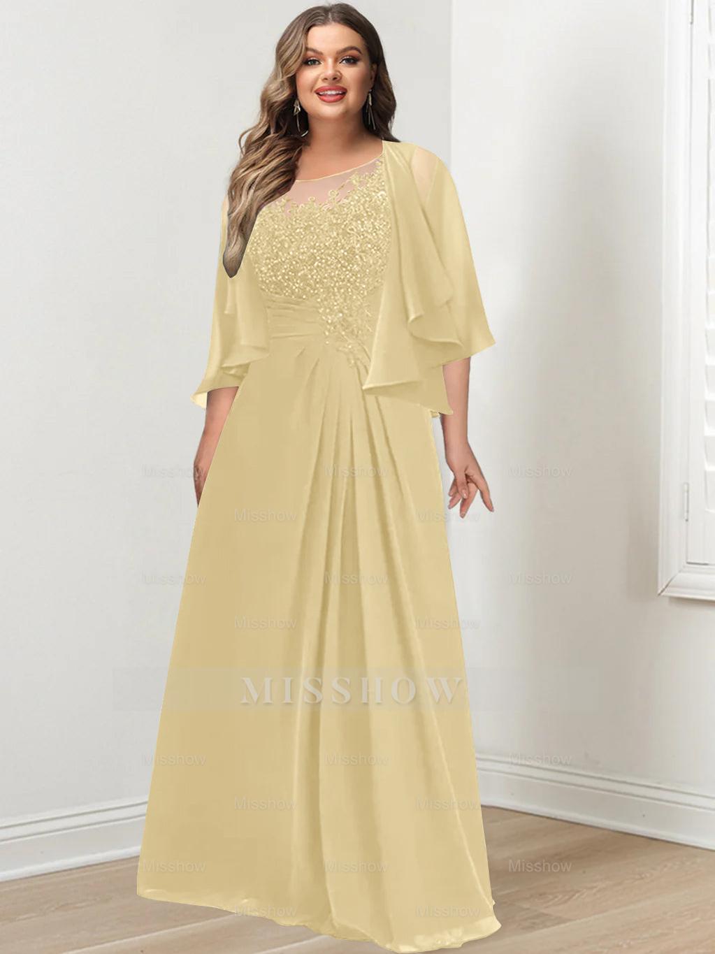 Plus Size Mother of the Bride A-Line Princess Scoop Floor-Length Dress with Pleated & Sequins