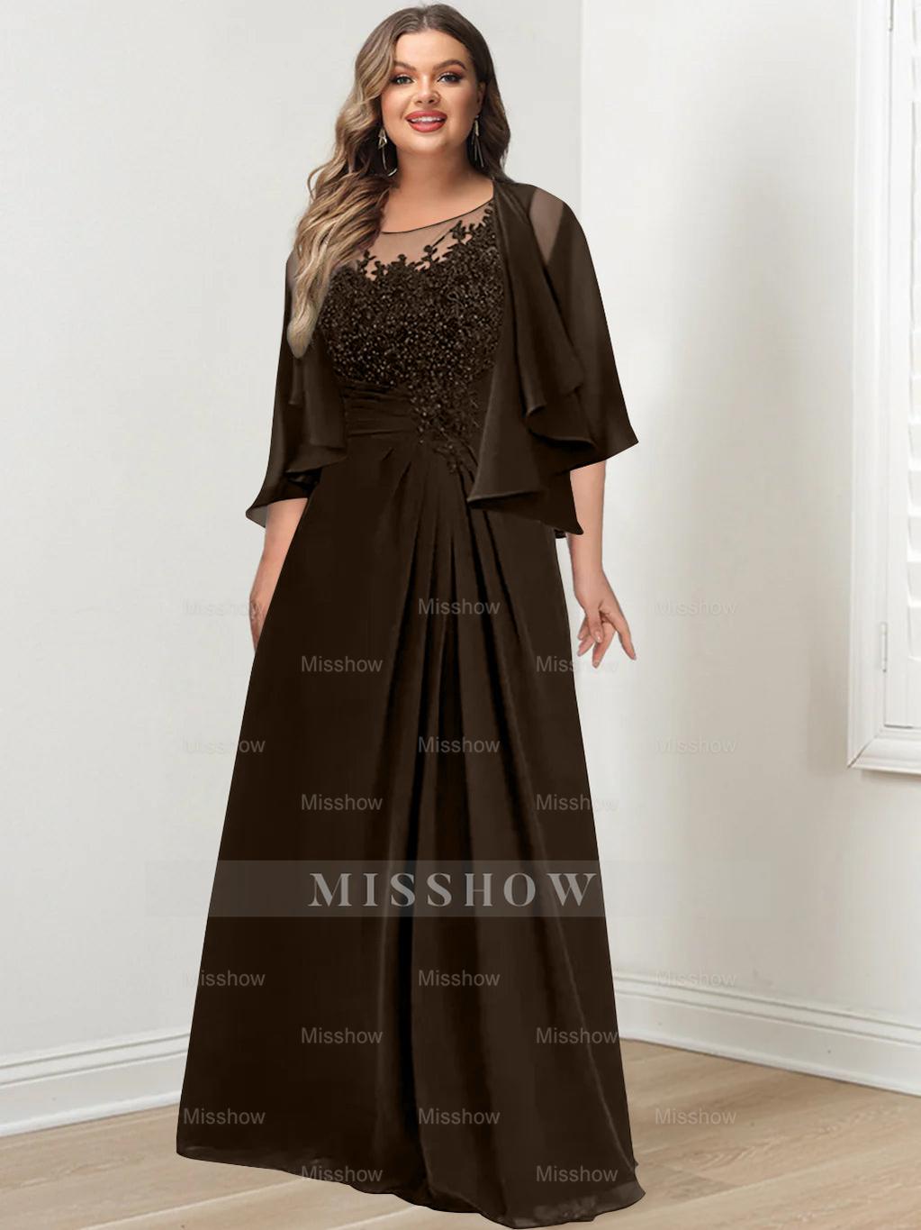 Plus Size Mother of the Bride A-Line Princess Scoop Floor-Length Dress with Pleated & Sequins