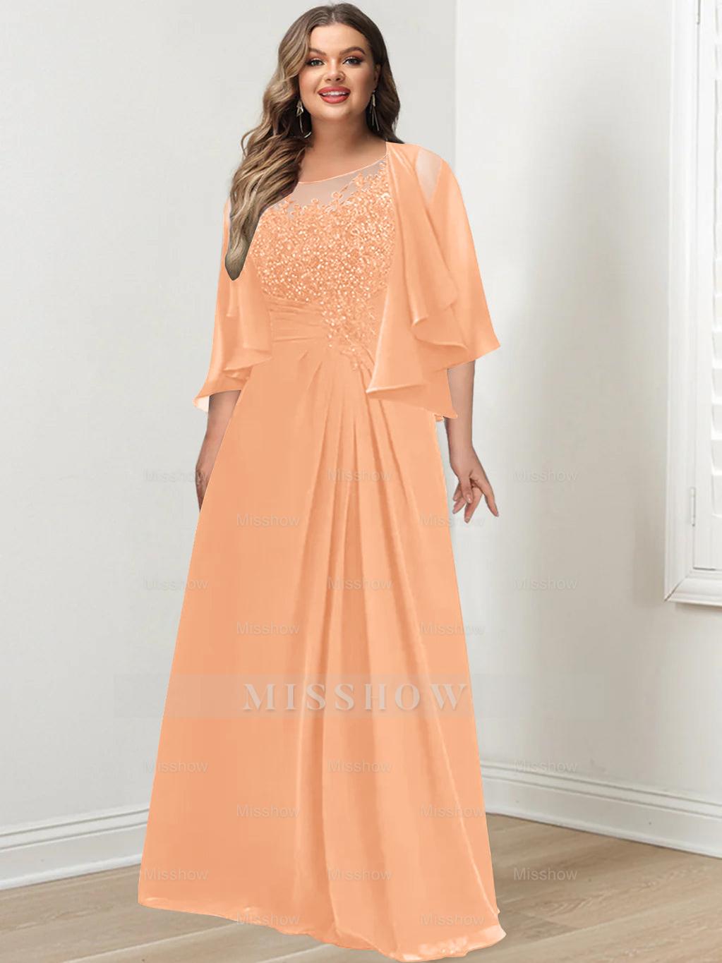 Plus Size Mother of the Bride A-Line Princess Scoop Floor-Length Dress with Pleated & Sequins