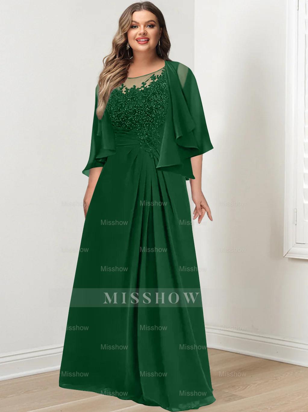 Plus Size Mother of the Bride A-Line Princess Scoop Floor-Length Dress with Pleated & Sequins