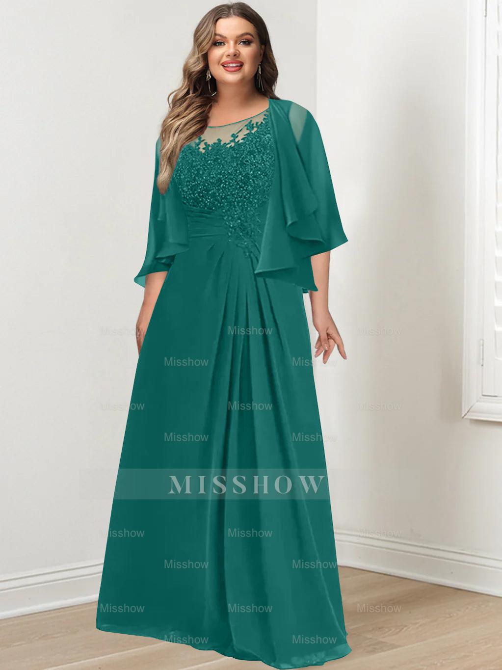 Plus Size Mother of the Bride A-Line Princess Scoop Floor-Length Dress with Pleated & Sequins