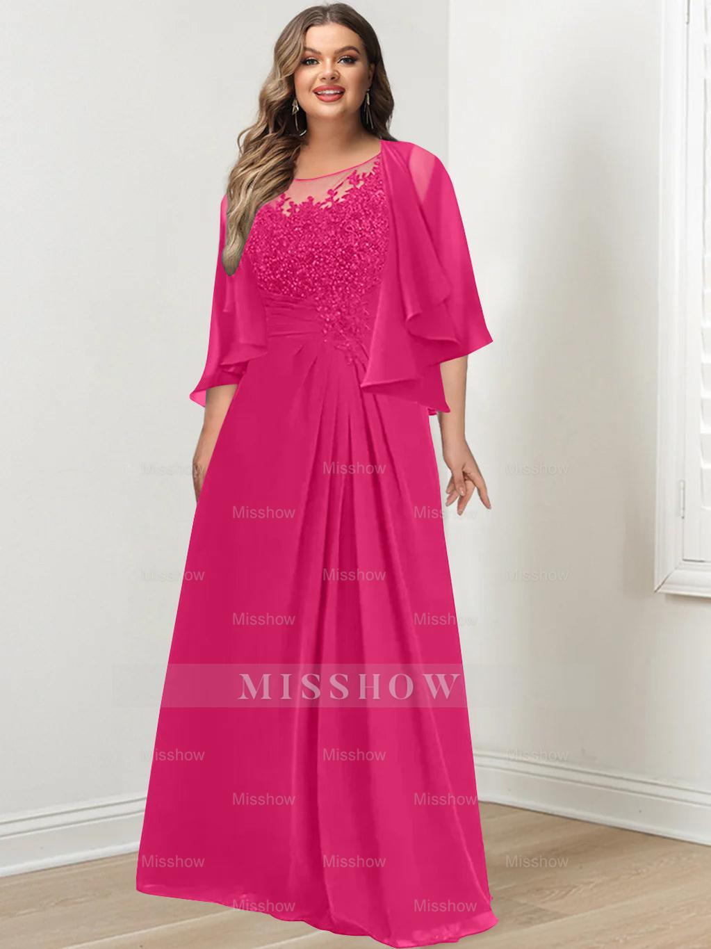 Plus Size Mother of the Bride A-Line Princess Scoop Floor-Length Dress with Pleated & Sequins