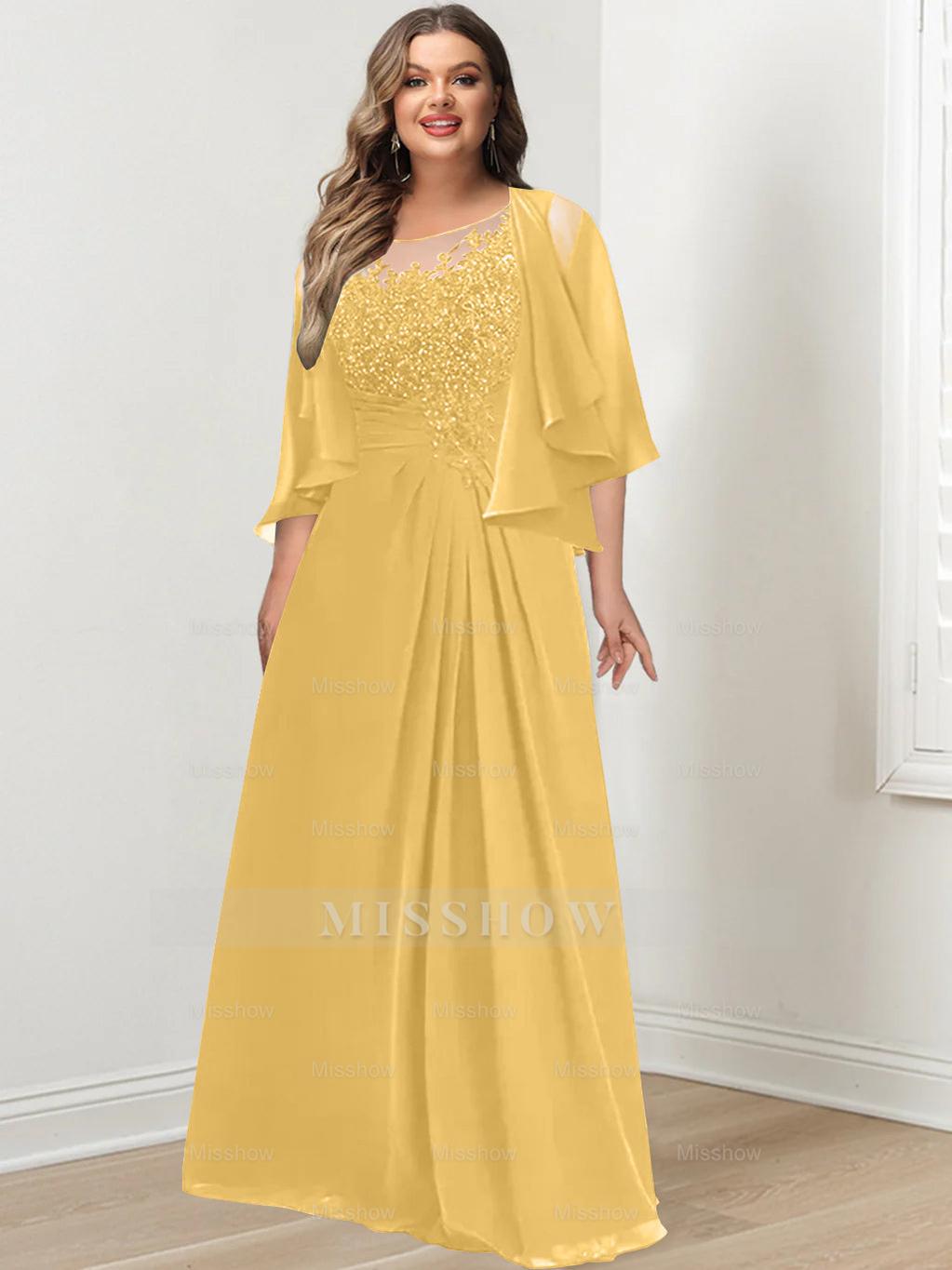 Plus Size Mother of the Bride A-Line Princess Scoop Floor-Length Dress with Pleated & Sequins