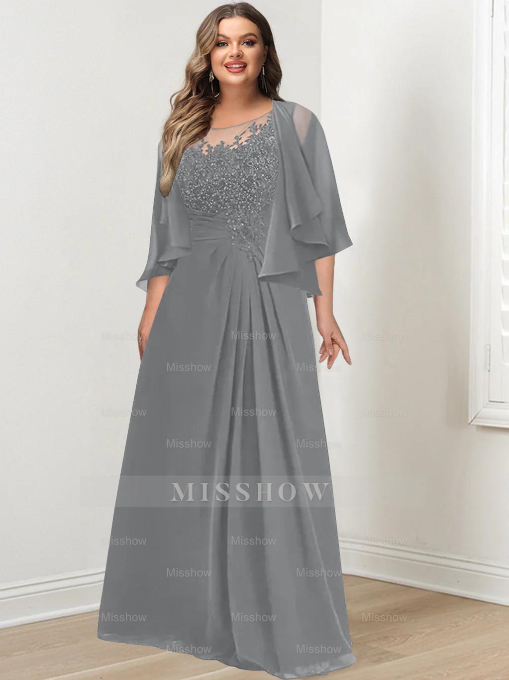 Plus Size Mother of the Bride A-Line Princess Scoop Floor-Length Dress with Pleated & Sequins