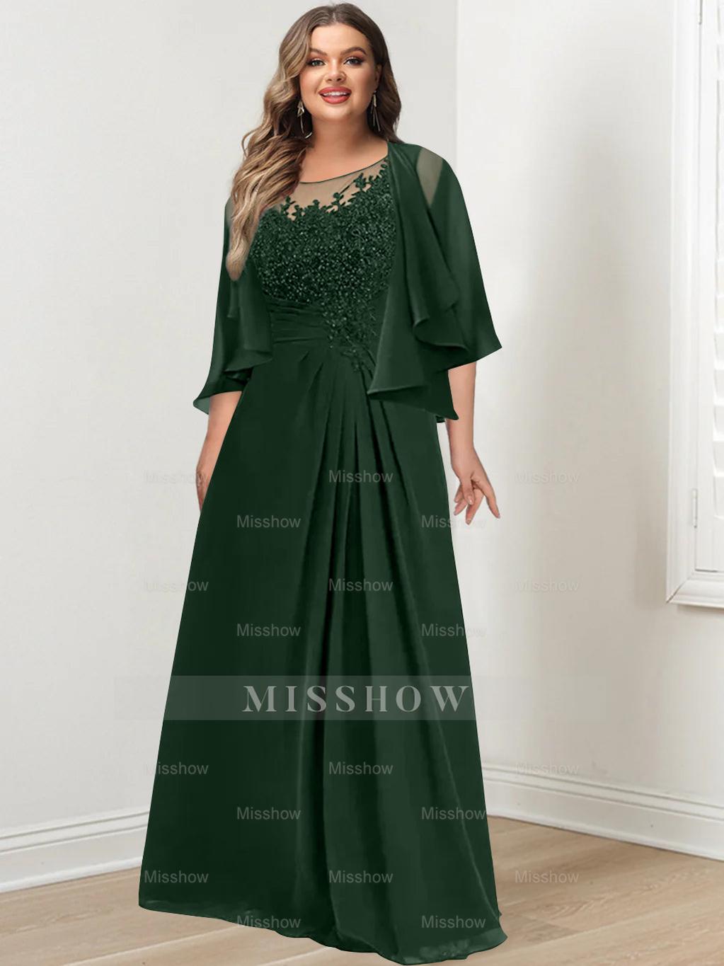 Plus Size Mother of the Bride A-Line Princess Scoop Floor-Length Dress with Pleated & Sequins