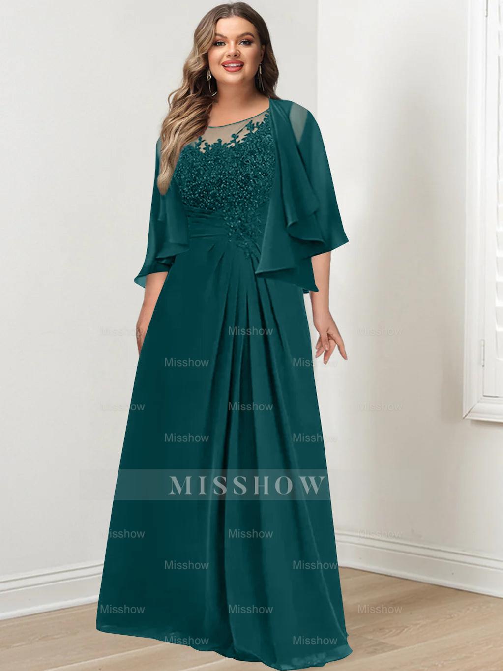 Plus Size Mother of the Bride A-Line Princess Scoop Floor-Length Dress with Pleated & Sequins
