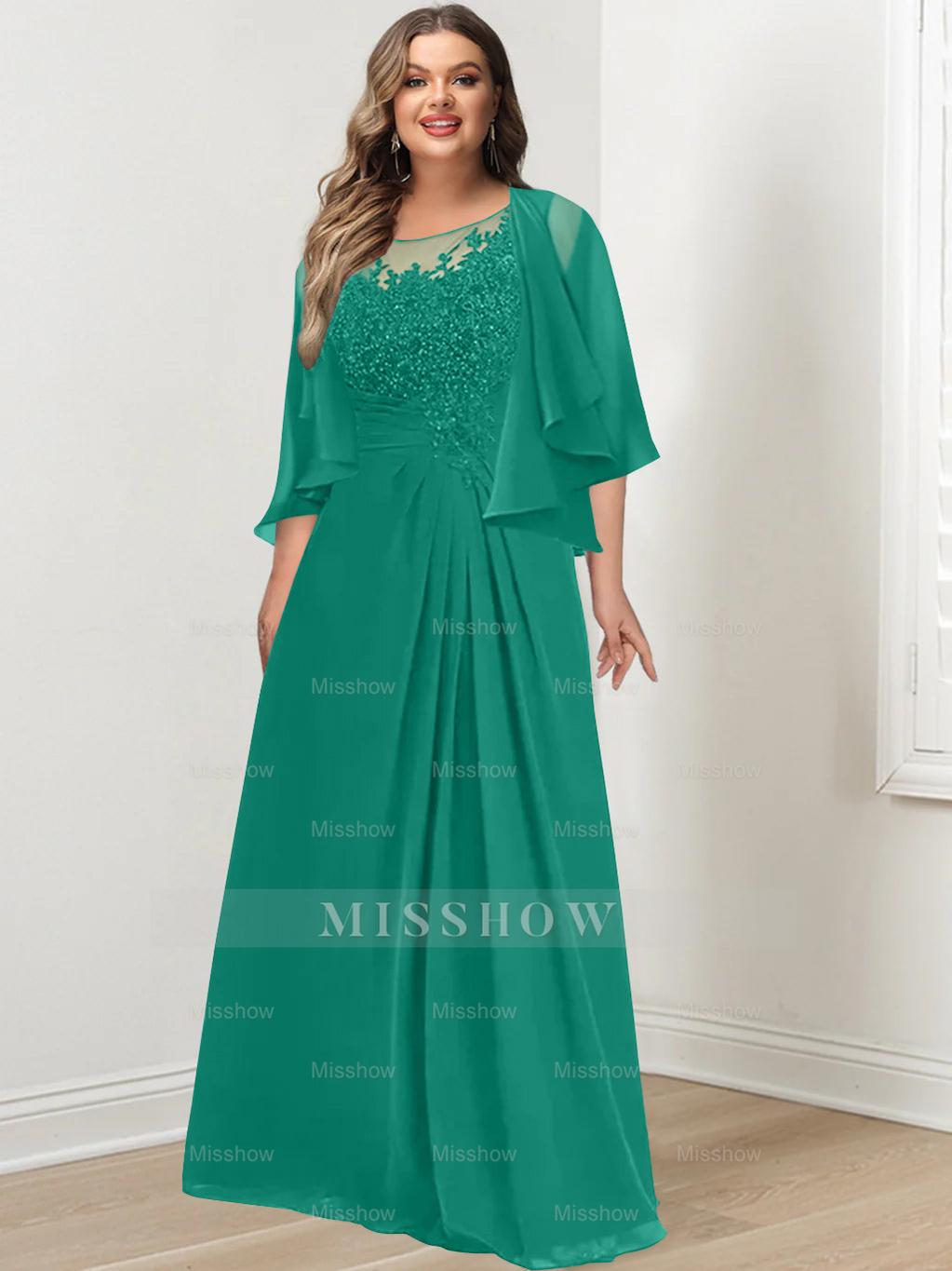 Plus Size Mother of the Bride A-Line Princess Scoop Floor-Length Dress with Pleated & Sequins