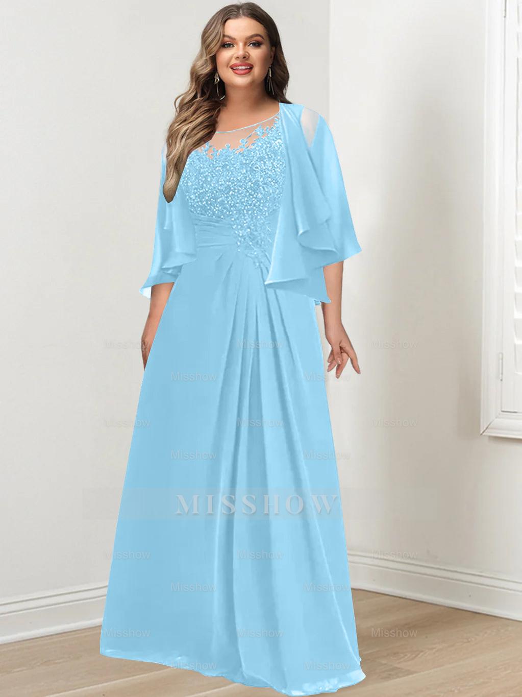 Plus Size Mother of the Bride A-Line Princess Scoop Floor-Length Dress with Pleated & Sequins