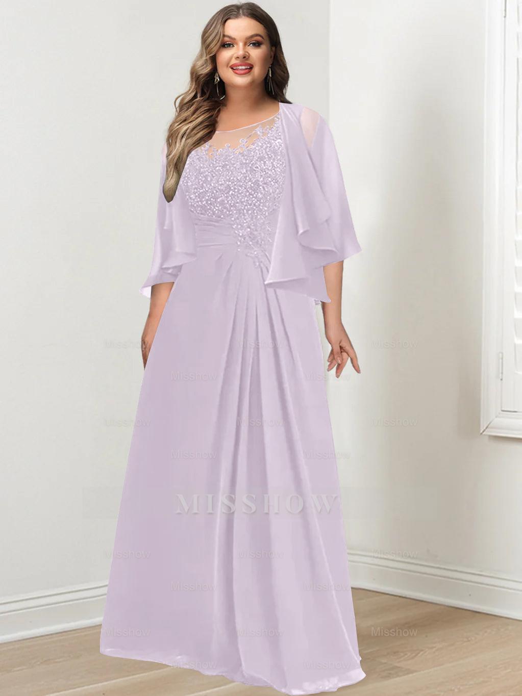 Plus Size Mother of the Bride A-Line Princess Scoop Floor-Length Dress with Pleated & Sequins