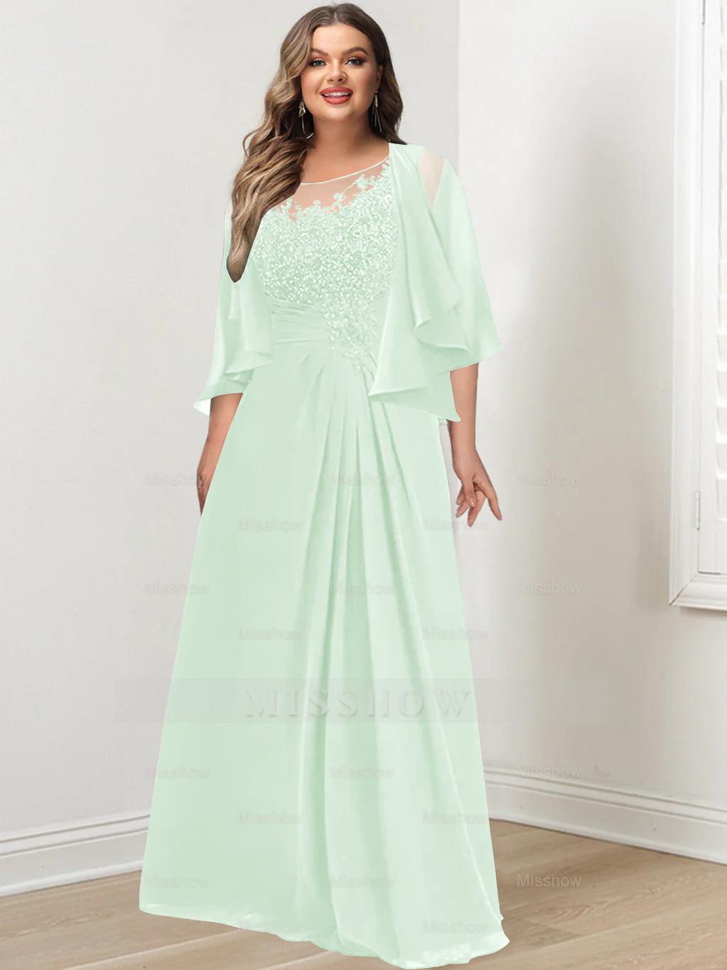 Plus Size Mother of the Bride A-Line Princess Scoop Floor-Length Dress with Pleated & Sequins
