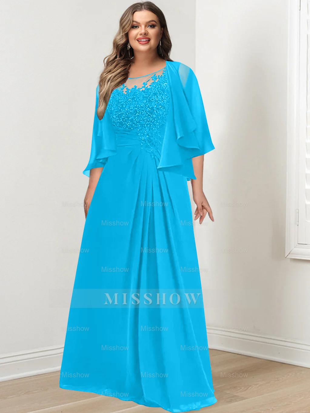 Plus Size Mother of the Bride A-Line Princess Scoop Floor-Length Dress with Pleated & Sequins