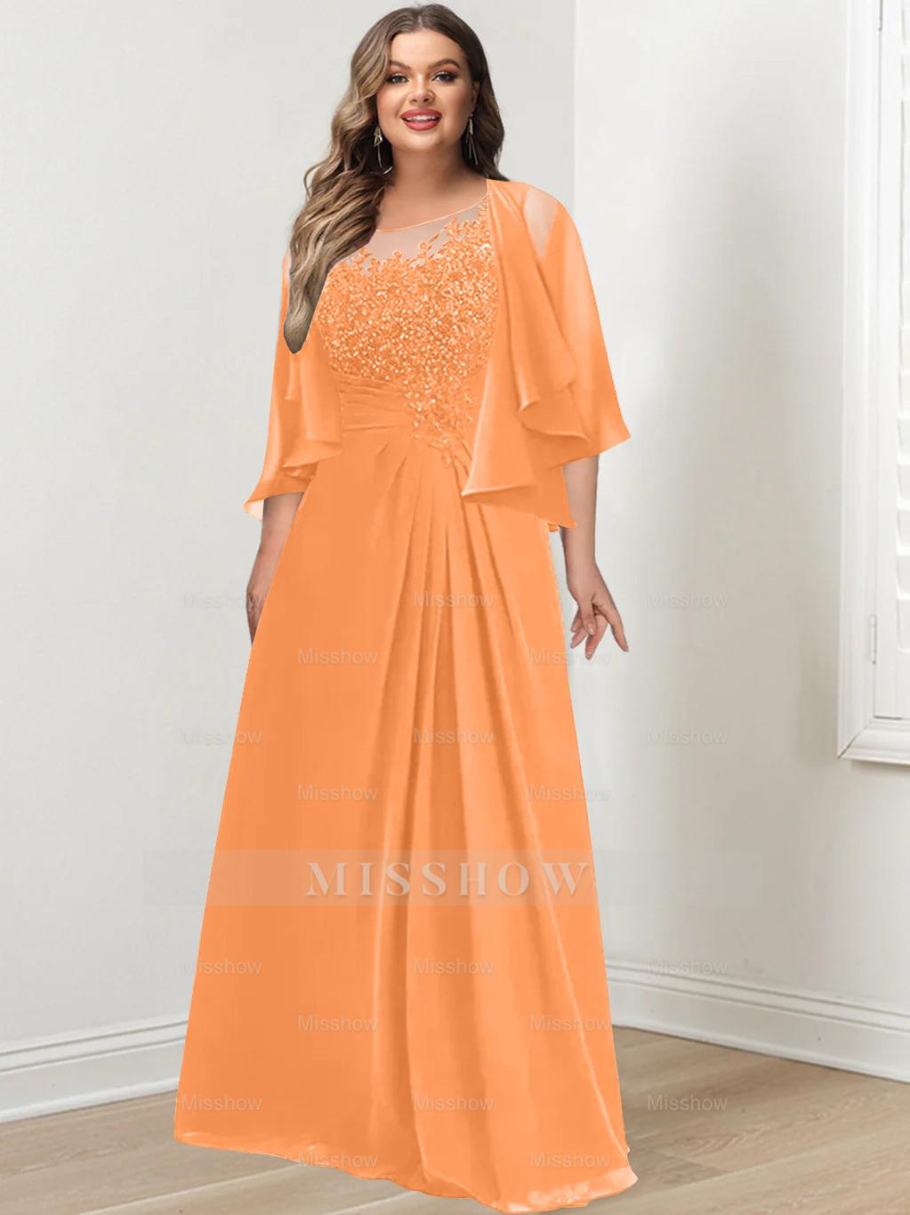 Plus Size Mother of the Bride A-Line Princess Scoop Floor-Length Dress with Pleated & Sequins