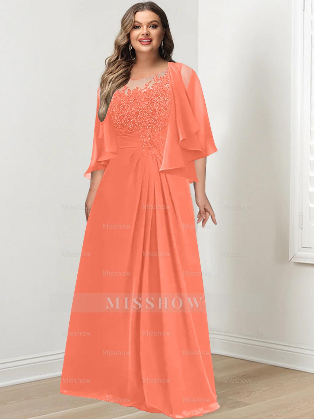 Plus Size Mother of the Bride A-Line Princess Scoop Floor-Length Dress with Pleated & Sequins