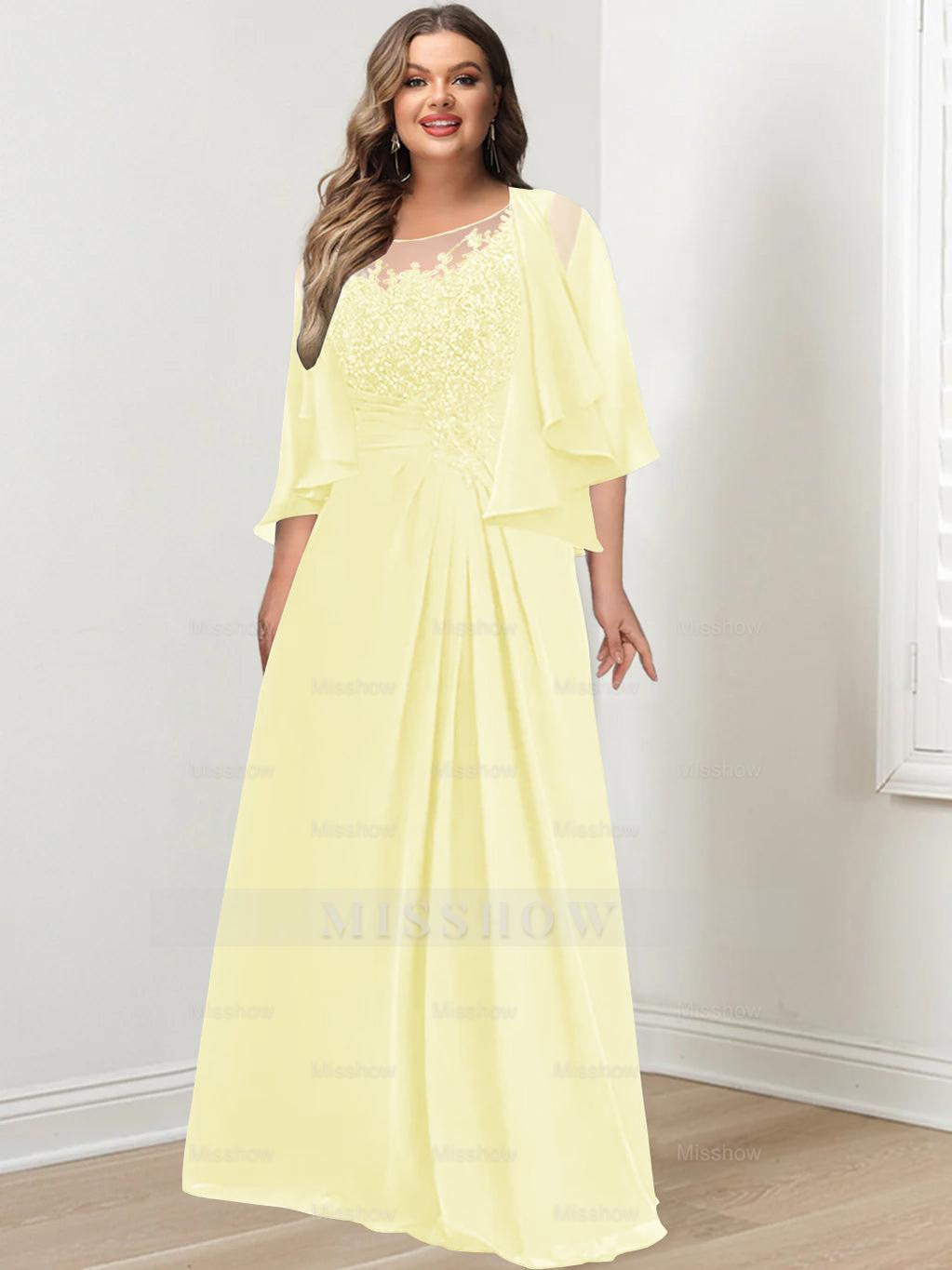 Plus Size Mother of the Bride A-Line Princess Scoop Floor-Length Dress with Pleated & Sequins