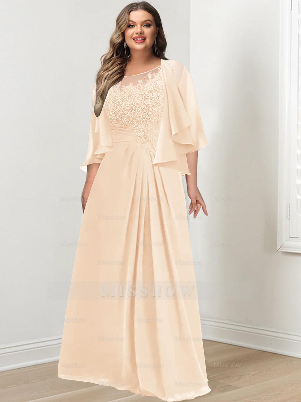 Plus Size Mother of the Bride A-Line Princess Scoop Floor-Length Dress with Pleated & Sequins