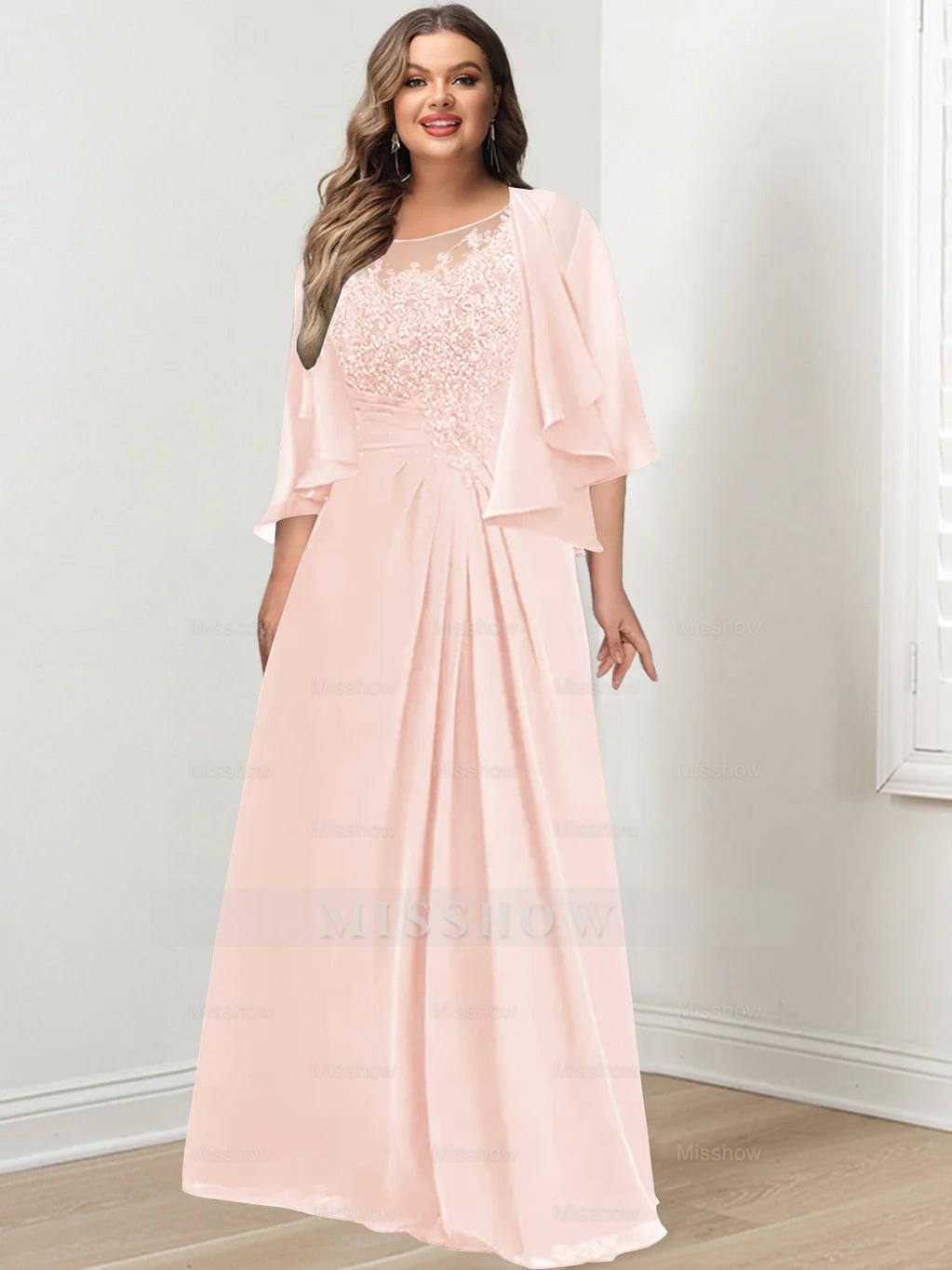 Plus Size Mother of the Bride A-Line Princess Scoop Floor-Length Dress with Pleated & Sequins